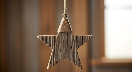 Rustic twig star ornament hanging indoors with soft natural light and blurred background