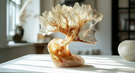A decorative tree sculpture with translucent leaves on a white table in a bright room setting