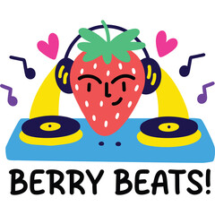 Whimsical strawberry character with headphones and musical notes on a rainbow DJ booth with text Berry Beats on a transparent background vibrant colors