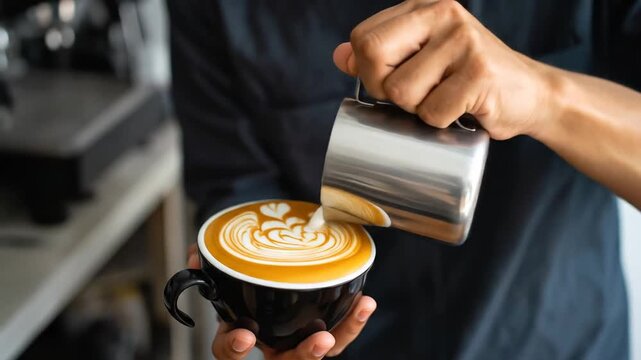 Barista Skillfully Crafting Latte Art: A Step-by-Step Guide to Coffee Decoration and Brewing