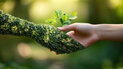 Nature's hand exchange, giving small plant, forest background, eco-friendly