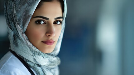 Arabian Beauty: A portrait of a woman of Arab descent, exuding elegance and confidence, adorned in a headscarf, looking serene and captured in a moment of poised reflection.