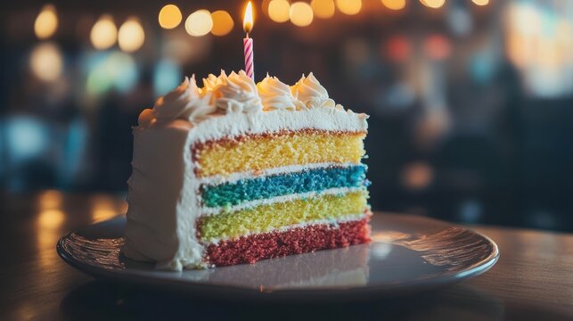 Slice of rainbow cake with candle on plate in cafe