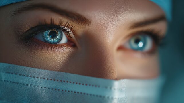 A Surgeon's Gaze: A close-up shot of a surgeon's determined eyes, their piercing blue gaze reflecting the focus and precision required in the operating room. - Powered by Adobe