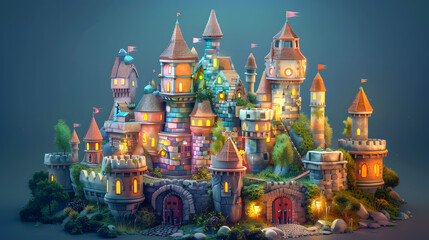 Fototapeta premium 3d isometric low-poly clay medieval castle