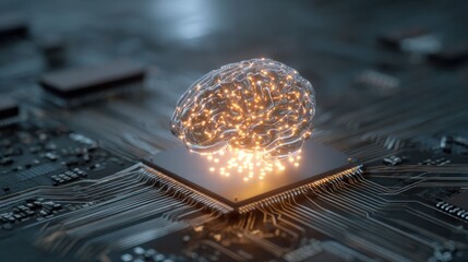 Digital Brain Interface:  Illuminated brain with intricate neural pathways is integrated within the circuit board, symbolizing the convergence of technology and human intellect.