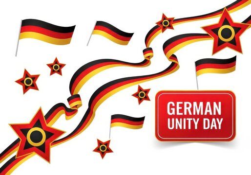 German unity day celebration with waving flag ribbon banner and star decoration isolated on white background