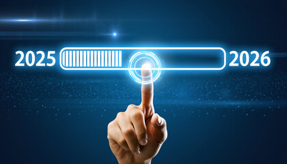 A hand touches a glowing digital loading bar to start the new year 2026, concept of future, progress, and new beginnings