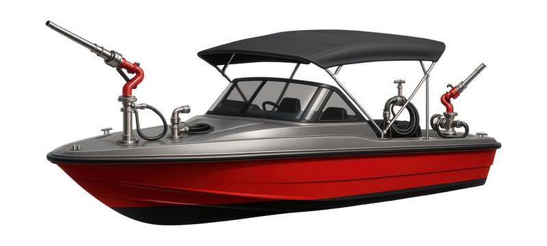 Low-profile fireboat with a retractable awning for river use.