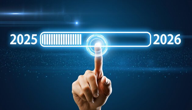 A hand touches a glowing digital loading bar to start the new year 2026, concept of future, progress, and new beginnings