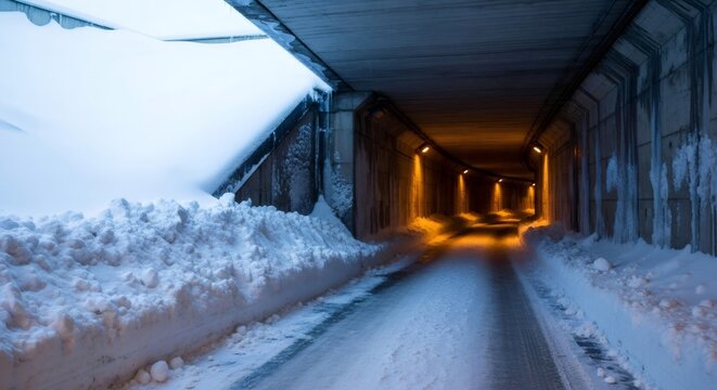 Snow covered road leading into a lighted tunnel during winter. Transportation and travel in cold weather conditions concept. - Powered by Adobe