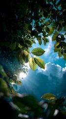 Bright Sunlight Filtering Through Green Leaves on Tree in Blue Sky
