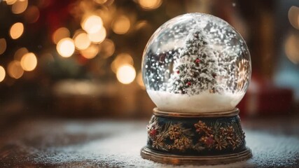 Snow globe with tiny evergreen, shimmering snow, warm bokeh lights; cozy glow on a wooden oak table - Powered by Adobe