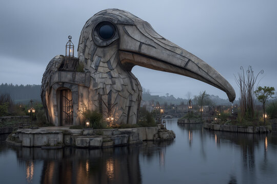 Shoebill Stork Shaped House Floating on Misty Lake
