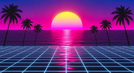 Vibrant Retrowave Sunset with Neon Grid and Palm Trees