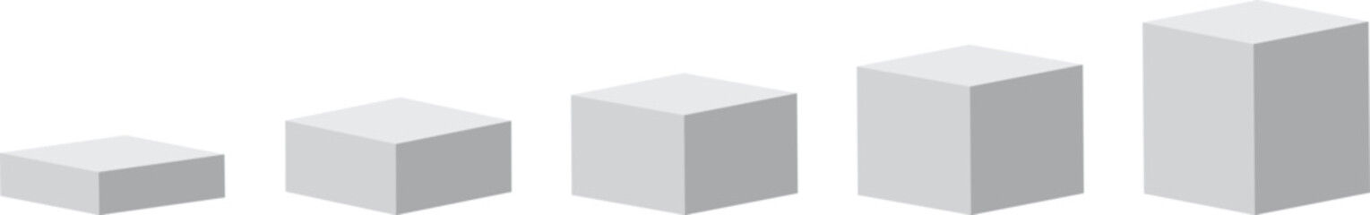 Isometric 3D cubes in ascending size forming a simple geometric progression. Clean minimal block shapes ideal for diagrams, infographics, and visual data concepts. Perfect for design projects needing 