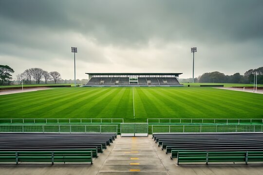 Experience the thrill of the game on this vibrant green sports field stadium