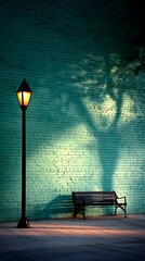 Street Lamp Illuminating Bench and Tree Shadow at Night in Urban Setting