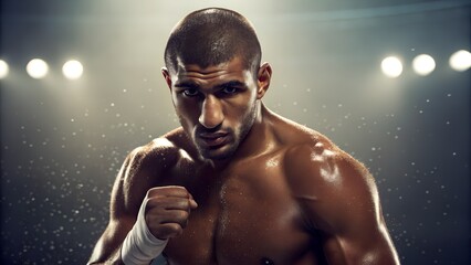 Intense boxer glares with steely determination, ready for action under bright lights