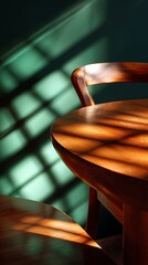 Wooden Chair with Curved Backrest in Sunlit Room with Shadow Patterns