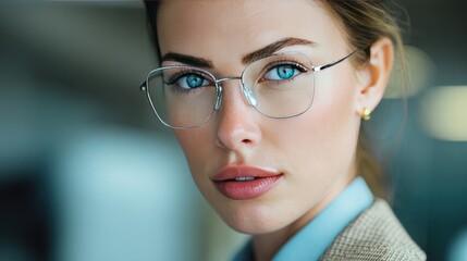 Intriguing Gaze: A captivating portrait of a woman, framed with spectacles, her mesmerizing blue eyes hold a profound depth, capturing a blend of intelligence and charm.