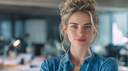 Confident Entrepreneur: An elegant woman in a workplace, radiates confidence with a subtle smile, embodying a spirit of success and poised leadership.