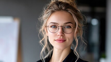 Confident Professional Portrait: A portrait of a woman of grace and intelligence, with her serene and intelligent eyes gazing towards the camera.