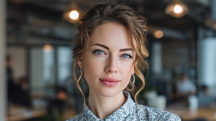 Sophisticated Woman in a Contemporary Office: A confident woman with striking features and a composed demeanor stands out against the blurred backdrop of a modern workspace.