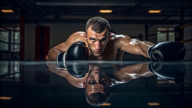 Intense boxer resting in boxing ring with gloves reflecting strength and focus