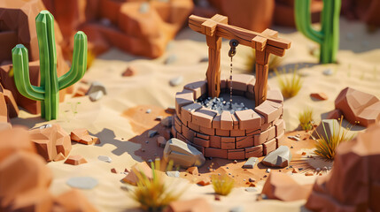 Old broken well in desert with 3d isometric low poly clay