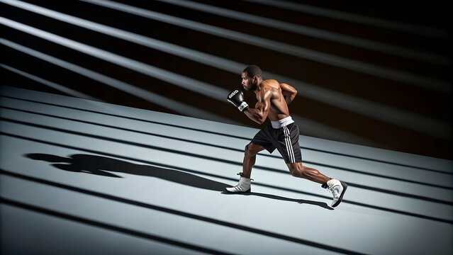 Powerful athlete training hard in dynamic boxing workout session, strong determination