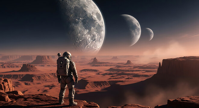 Astronaut views a vast alien landscape with multiple planets in the sky, symbolizing space exploration and future endeavors.