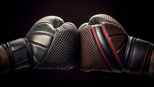 Intense boxing gloves face off in a dramatic, high-contrast studio setup now