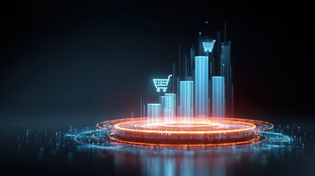 Digital Commerce Growth: A vibrant display of digital growth, where bar charts rise and shopping carts soar, symbolizing e-commerce expansion and online business prosperity. - Powered by Adobe