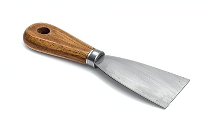A close-up of a putty knife with a wooden handle, angled against a white background