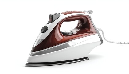 A close-up of a modern electric iron, white and maroon, on a white background