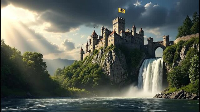  Majestic Fortress Overlooking Waterfall: A majestic stone fortress stands proudly atop a verdant cliff, overlooking a cascading waterfall. capturing an atmosphere of power and ancient allure.