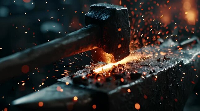 A blacksmith's hammer forges glowing hot metal on an anvil, creating fiery sparks