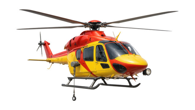 Helicopter equipped with winch and side-mounted light for rescue operations.