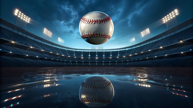 Intense baseball stadium scene with a ball reflecting in the water on the field