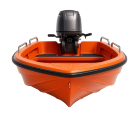 Shallow draft rescue boat equipped with an outboard motor.
