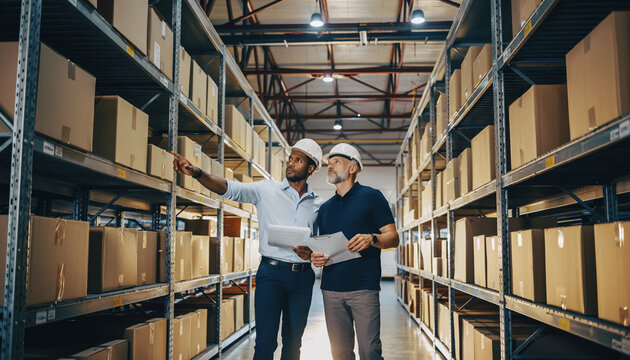 Warehouse Inventory Management Managers Reviewing Stock and Logistics in a Storage Facility - Powered by Adobe