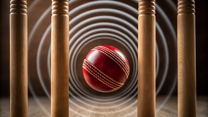 Stunning cricket ball poised between wickets ready for the exciting game play