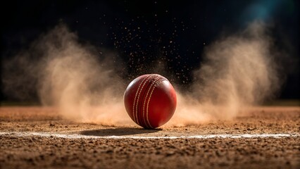 Dynamic red cricket ball impact with dust explosion on pitch evokes energy and sport