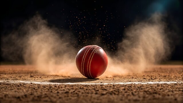 Dynamic red cricket ball impact with dust explosion on pitch evokes energy and sport