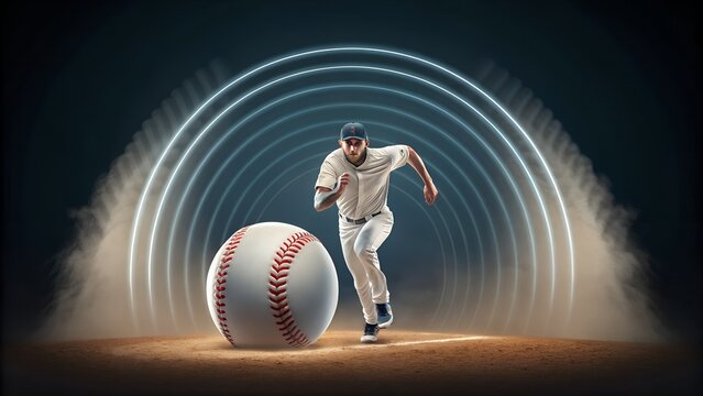 Dynamic baseball player sprinting with determination in a modern digital arena