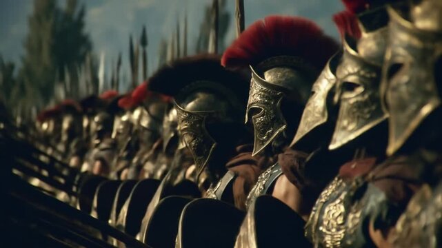 Line of bronze-helmeted warriors with ornate crests and red plumes, marching in tight formation now