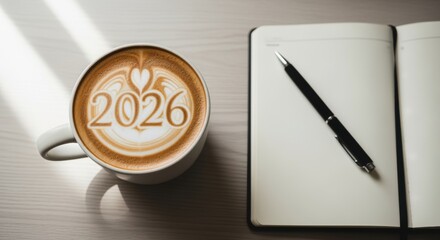 New Year 2026 Latte Art Coffee with Open Planner and Pen on Desk