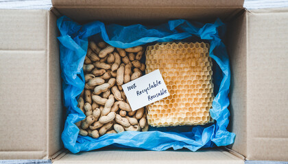 Carefully packaged items in a cardboard box, showcasing a clear distinction between natural peanuts and a unique textured material, highlighted by an instructional note