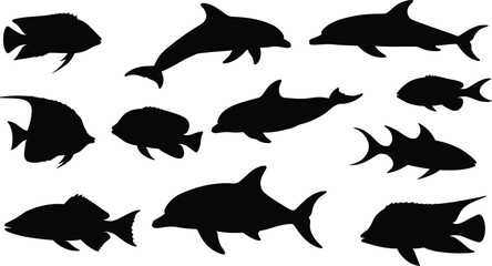 Fish and dolphin silhouettes collection isolated on white background, marine life illustration, underwater sea animals vector design, aquatic wildlife art.